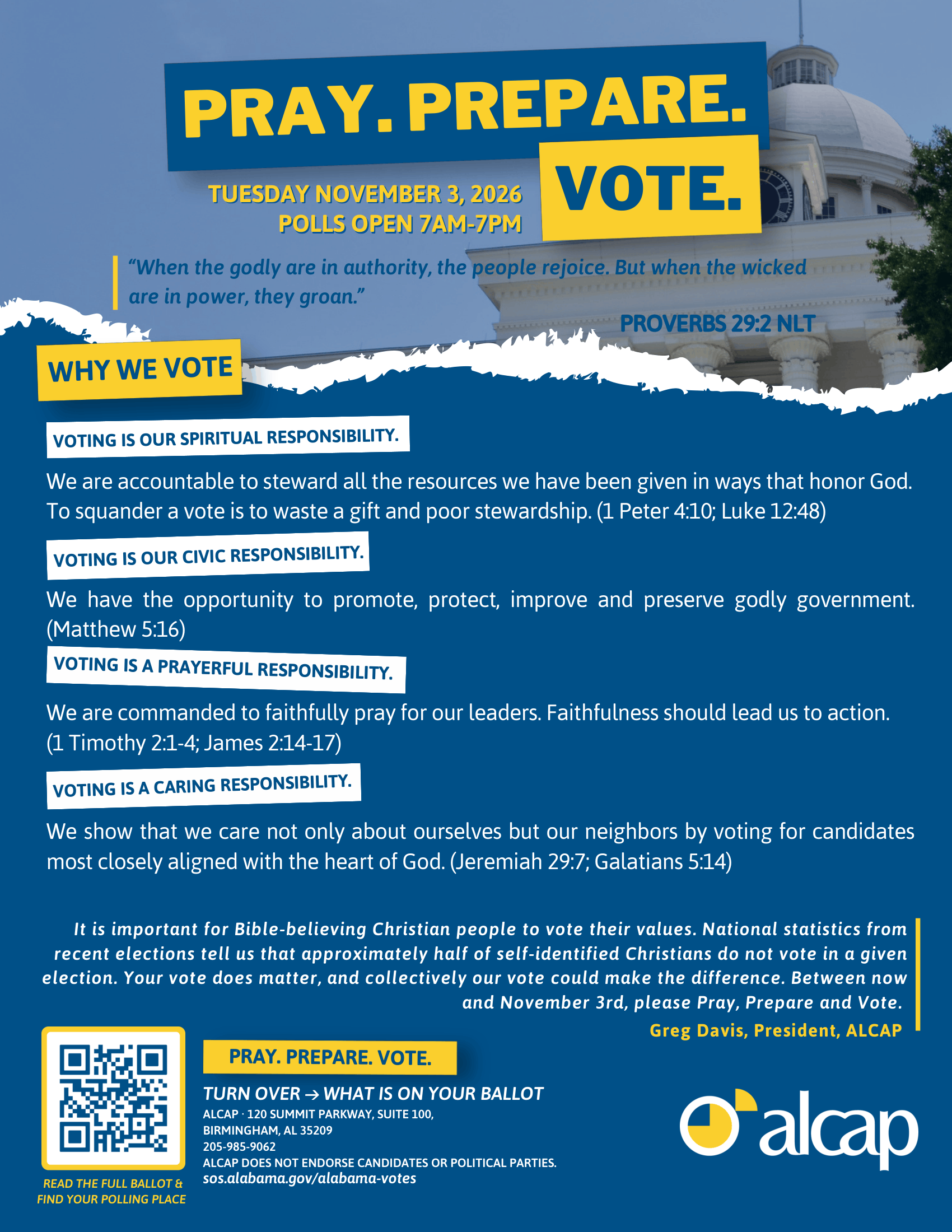 Front of the flyer: Pray. Prepare. Vote., with the election date, Proverbs 29:2, and four reasons Christians should vote.